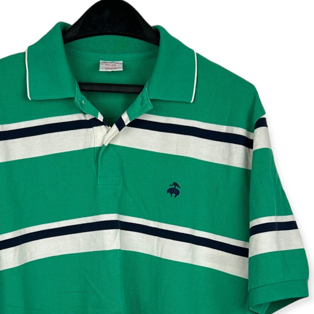 Brooks Brothers Men's Large Performance Polo Short Cotton Striped Green + Navy